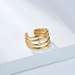 Macro view of polished 18K gold plated multi-layer hollow stackable ring detail