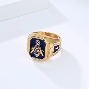 Vintage gouden Vrijmetselaars zegelring met blauw emaille en G-kompas symbool voor heren