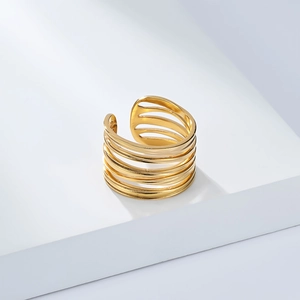 Detailed macro view of 18K gold plated multi-layer stackable open ring for women