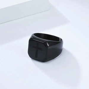 Men's titanium steel cross ring in black matte finish, minimalist square signet design
