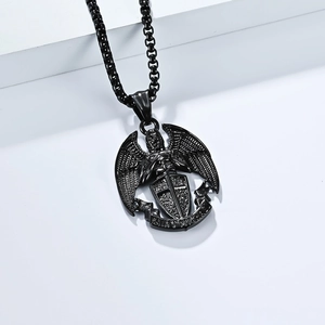 Black stainless steel Saint Michael pendant necklace with wings, shield, and box chain