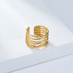 Detailed macro view of 18K gold-plated multi-layer intertwined open ring for women