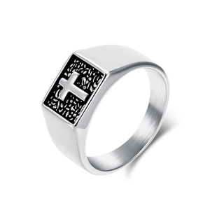 Bague Chevalière Croix en Acier Inoxydable Vintage pour Hommes Femmes Anneau Rectangulaire Religieuse Gothique Bijoux Punk