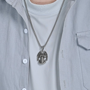 Vintage Saint Michael embossed pendant necklace for men in silver-tone stainless steel