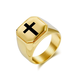 Brushed gold titanium steel signet ring for men featuring a black cross design and square top