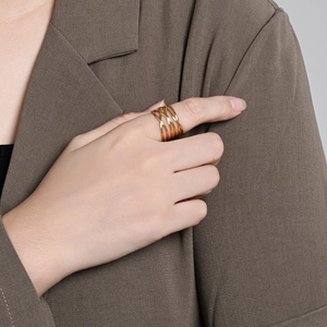 Chic 18K gold plated titanium steel multi-layer crossover hollow ring for women