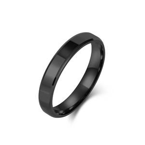 Minimalist black polished stainless steel ring with double beveled edges and glossy finish