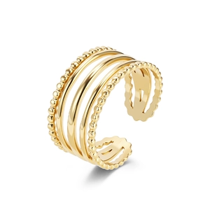 18K gold plated multi-layer stackable ring with beaded texture and adjustable open band