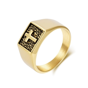 Bague chevalière vintage en acier inoxydable doré avec motif croix noire texturée