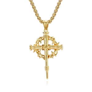 Collana da uomo con croce di spine dorata vintage con catena in acciaio e design punk