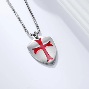 Men's vintage titanium steel shield necklace with red cross inlay on matte silver pendant