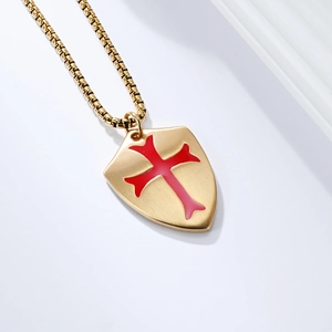 Vintage gold stainless steel shield necklace with red templar cross on box chain