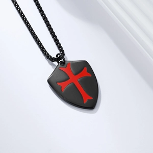 Men's vintage shield necklace with red cross on black brushed stainless steel pendant
