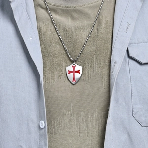 Men's retro stainless steel shield necklace with red crusader cross pendant