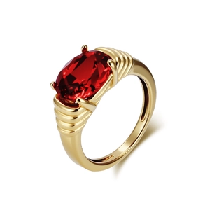 Bague en acier plaqué or 18 carats avec rubis rouge ovale et design à vagues