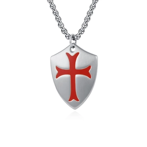 Men's vintage stainless steel shield necklace with red cross pendant on silver chain