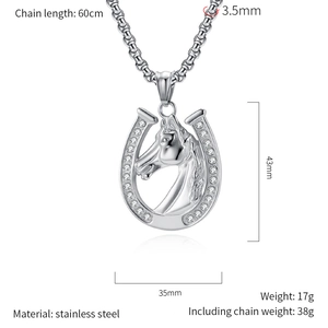 Detailed size chart for stainless steel horseshoe and horse head necklace with crystals