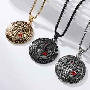 Knights Templar shield coin necklaces in gold, black, and silver stainless steel finishes