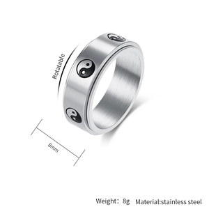 Detail of 8mm rotatable stainless steel ring with Tai Chi Yin Yang engraving