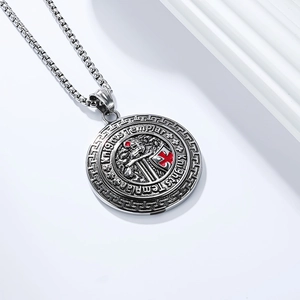 Macro view of Knights Templar shield pendant in retro silver finish and steel chain