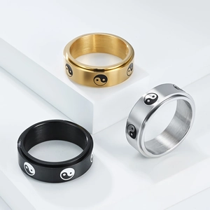 Chinese Yin Yang Tai Chi Spinner Ring For Men Women Stainless Steel Brushed Rotatable Stress Relief Finger Ring Band Jewelry