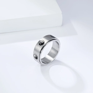 Brushed stainless steel tai chi spinner ring with ying yang patterns for men and women