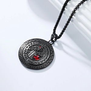 Detailed close-up of Knights Templar shield pendant with red cross and box chain necklace