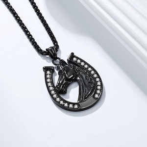 Hip hop black horseshoe necklace with horse head pendant and white crystal accents