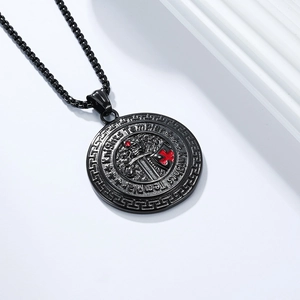 Knights Templar shield necklace with red cross engraving on black stainless steel medallion