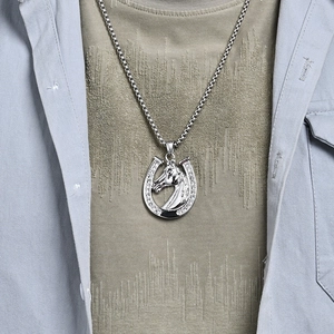Hip-hop horseshoe necklace with cubic zirconia horse head pendant in silver-tone finish