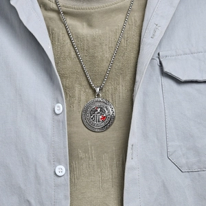 Knights Templar shield necklace in stainless steel with sword and red cross pendant