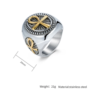 Detailed specs of stainless steel Ankh signet ring showing 21g weight and 24mm width