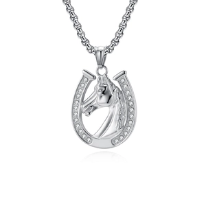 Stainless Steel Horse Head Horseshoe Pendant Necklace For Men Women Hip Hop Zirconia Inlaid Jewelry Punk Charm Necklace