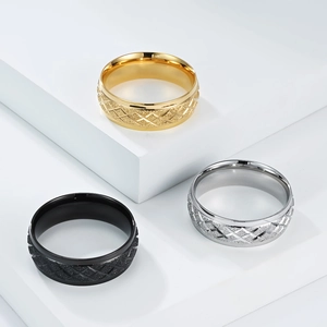 Minimalist geometric stainless steel rings with diamond pattern in gold, silver, and black