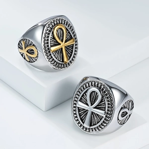 Vintage stainless steel Ankh cross ring for men with retro geometric relief design