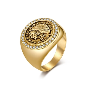 Bague Vintage Pièce Tête d'Indien en Acier Inoxydable Homme Hip Hop Anneau Avec Zirconium Incrusté Or Argent Liberty