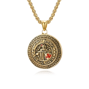 Golden Knights Templar shield necklace with cross relief and Greek key border design