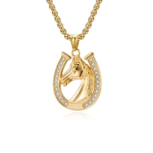 Gold-plated horseshoe necklace with diamond-encrusted frame and 3D horse head pendant