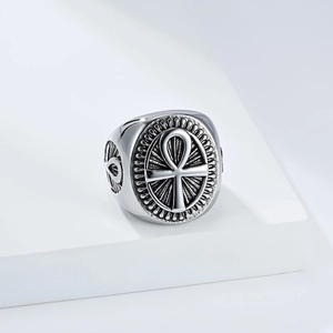 Vintage Egyptian Ankh Cross ring in stainless steel for men with retro silver finish