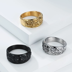 Gothic Punk Edelstahlringe mit geprägtem Evil Eye Muster in Gold Silber und Schwarz