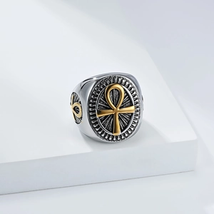 Vintage Egyptian Ankh cross signet ring in two-tone stainless steel for men