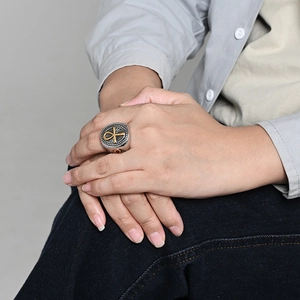Vintage Egyptian Ankh cross ring for men in silver and gold tone stainless steel