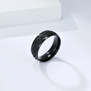 Detail view of black geometric stainless steel ring featuring relief grid texture and matte finish