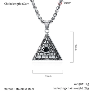 Detailed view of polished stainless steel pyramid eye pendant with precise dimensions