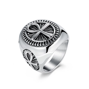 Men's vintage stainless steel signet ring with Egyptian Ankh cross relief and silver finish