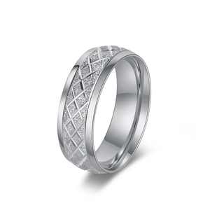 Modern Stainless Steel Geometric Rhombus Grid Ring For Men Women Chic Industrial Style Frosted Wide Band Ring Fashion Jewelry