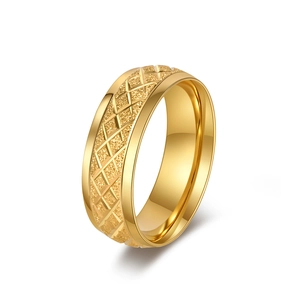 Fashion gold geometric ring with matte diamond pattern and polished stainless steel edges