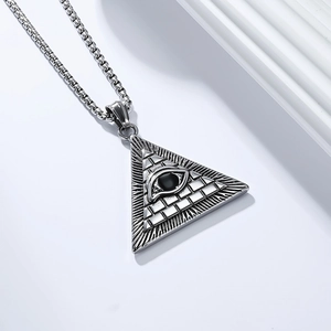 Macro shot of polished stainless steel pyramid pendant with Eye of Providence detail
