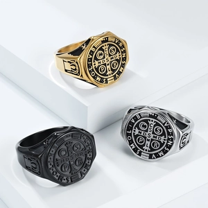 Retro St. Benedict Medal signet rings in gold, silver, and black stainless steel colors
