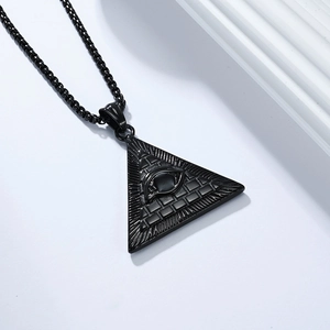 Polished black stainless steel pyramid eye pendant necklace for men with bead chain
